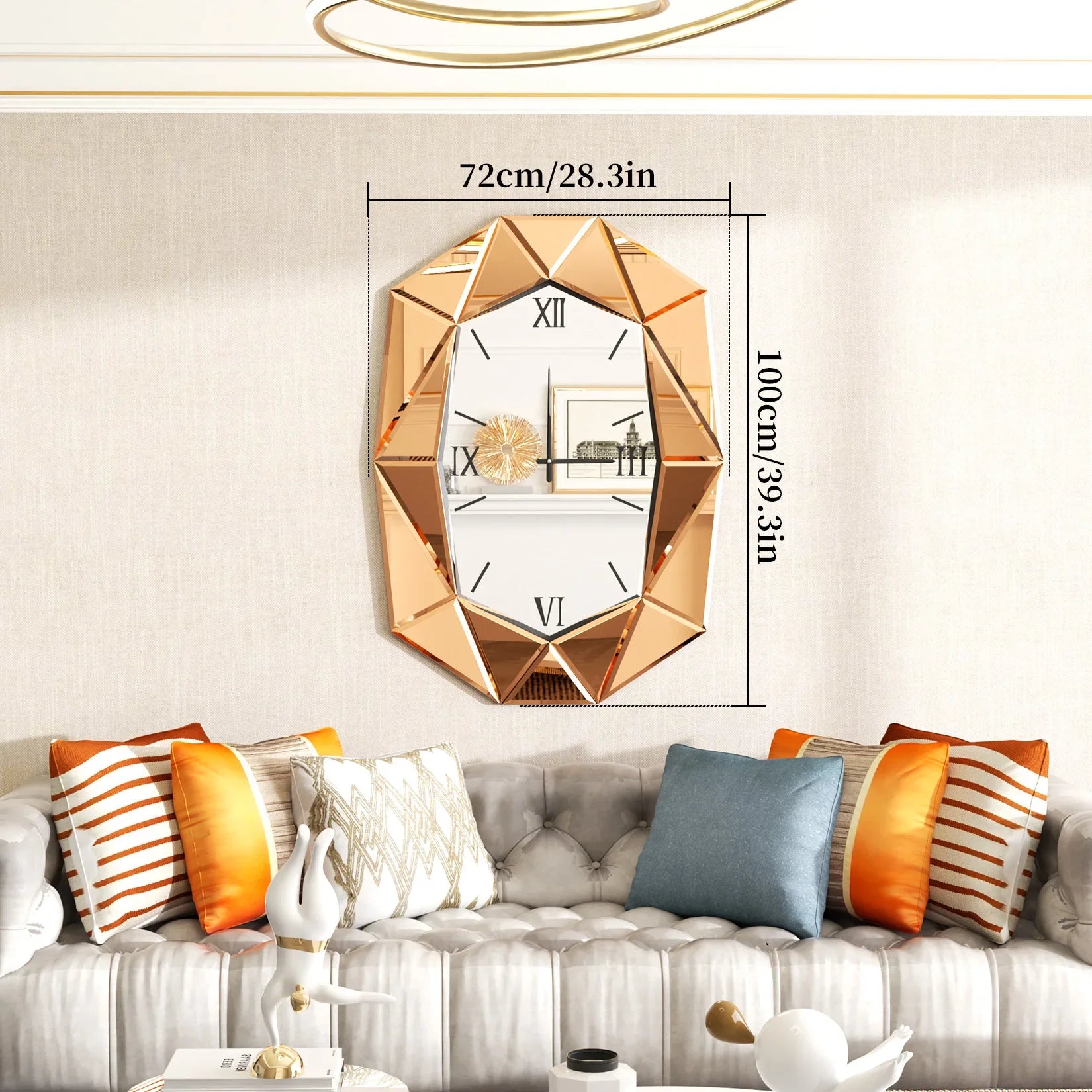 3 Colors Geometric Mirrored Hnaging Clock Irregular Decorative Beveled Glass Wall Clock with Roman Numerals