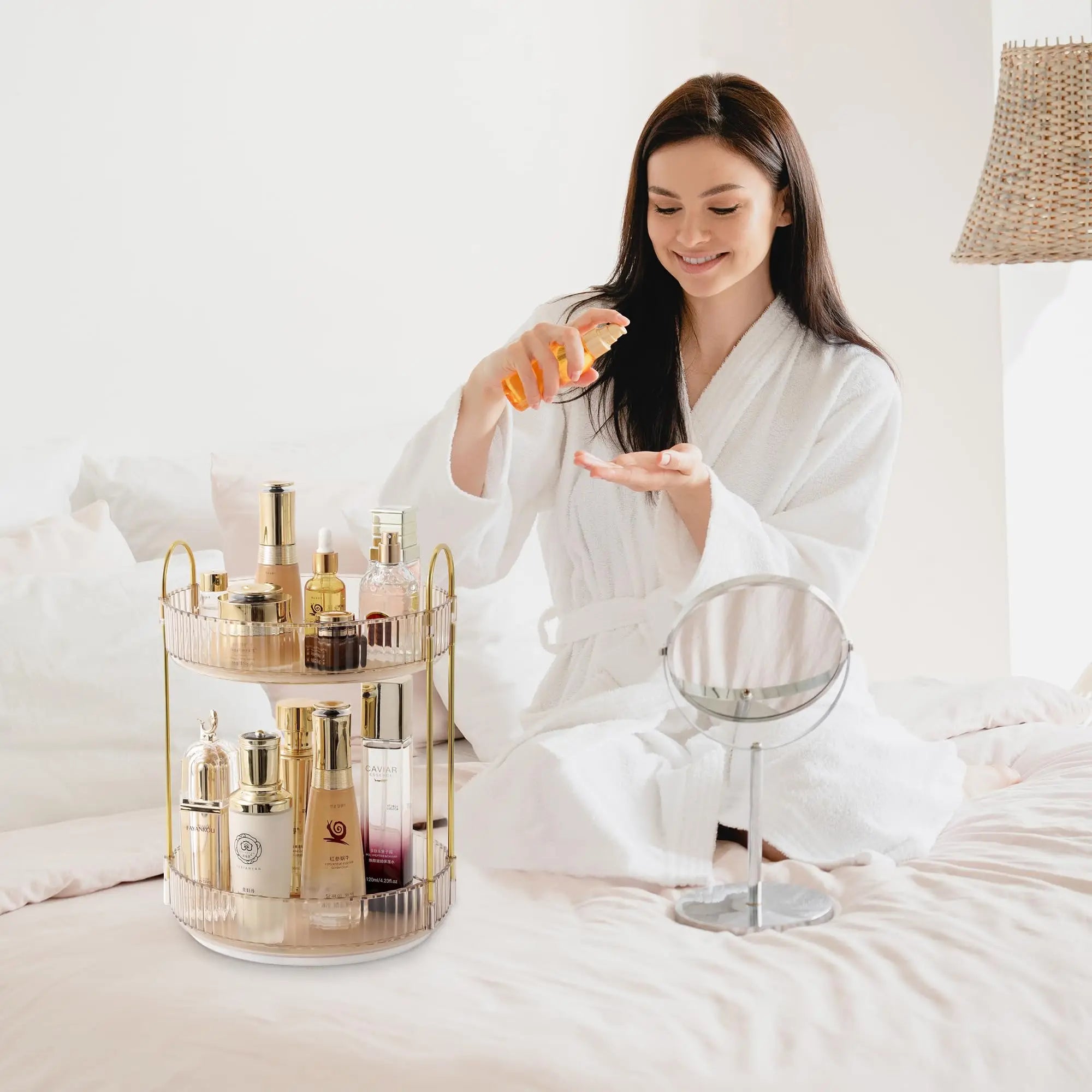 Rotating Makeup Organizer for Vanity Make Up Storage Box for Bathroom Counter Clear Cosmetic Toiletry Dresser Spinning Holder