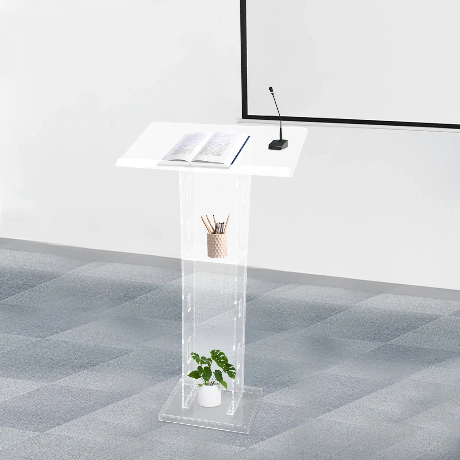 Acrylic Podium Floor Standing Clear Lecterns W/ Storage Shelf School Stand Desk Church Pulpit Office Lecture Table 43in H
