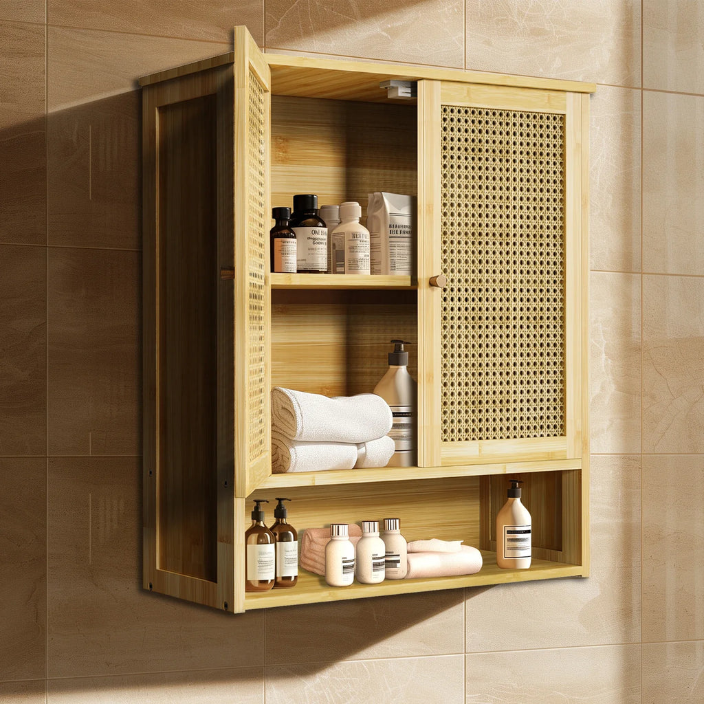 Bathroom Cabinet Wall Mounted Bamboo Storage Organizer Medicine Cabinet Unit Kitchen Shelf