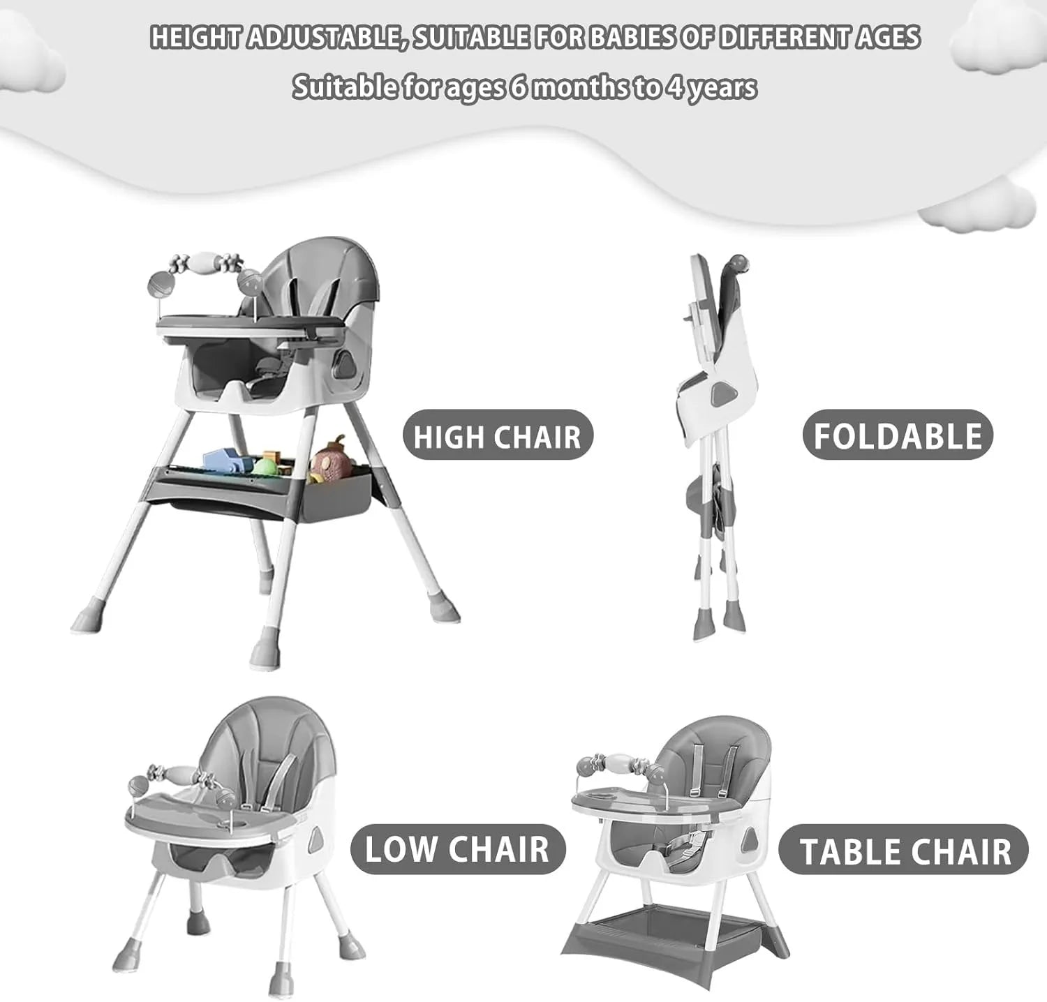 3-in-1 Baby HighChair, Foldable Portable Baby Dining Chairs Eat & Play Convertible High Chair with Double-Layer Dinner Plate
