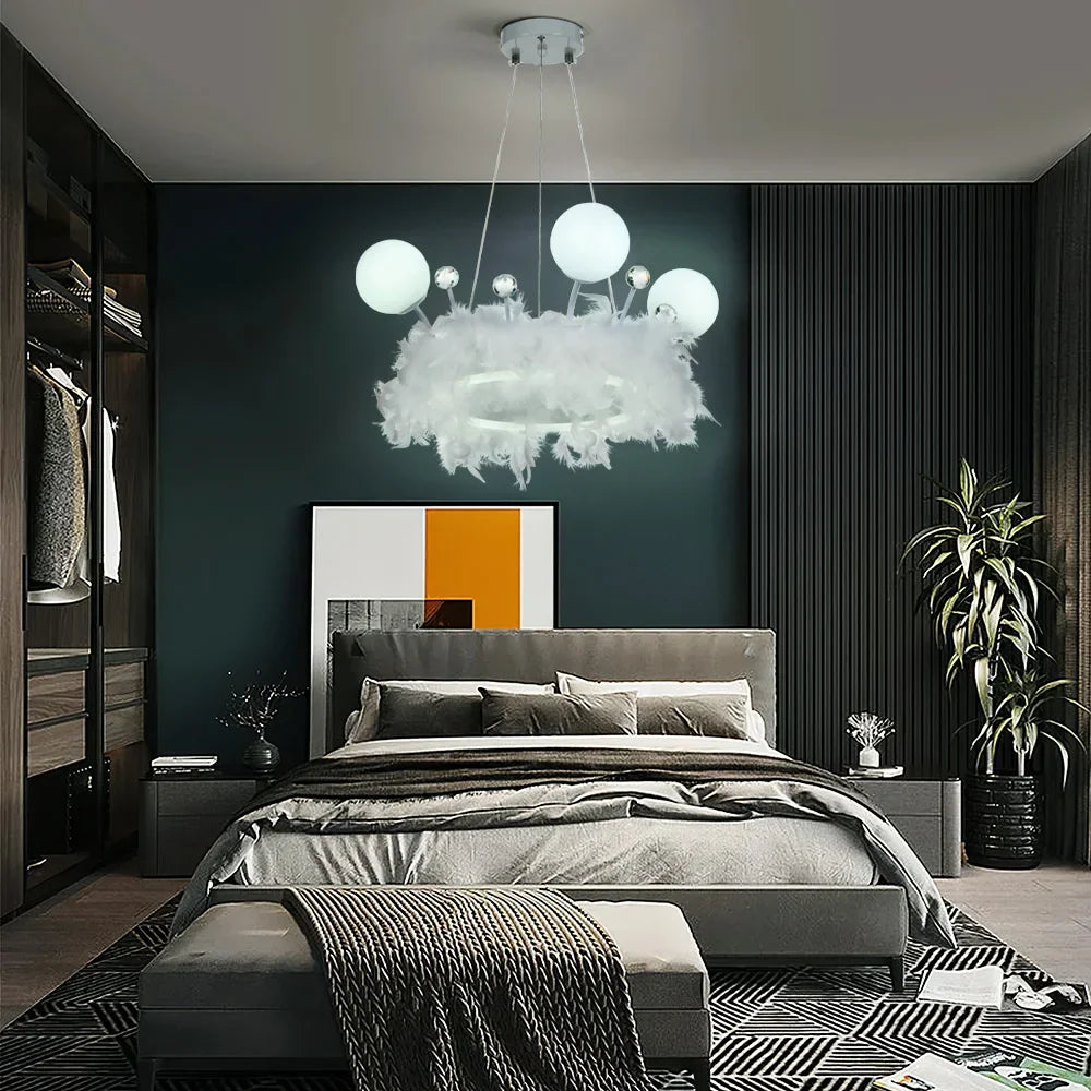 KOMORE Feather LED Pendant Light with Crystal Balls 18W 1980lm for Kitchen Living Room Hallway Entryway