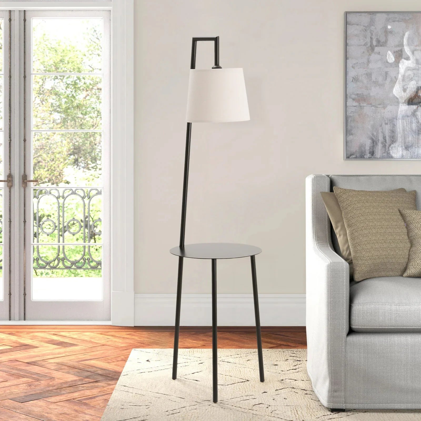 KOMORE 60 W Metal Tray Table Floor Lamp with Linen Lampshade for Living Room Office, Bedroom, Hallway, Porch