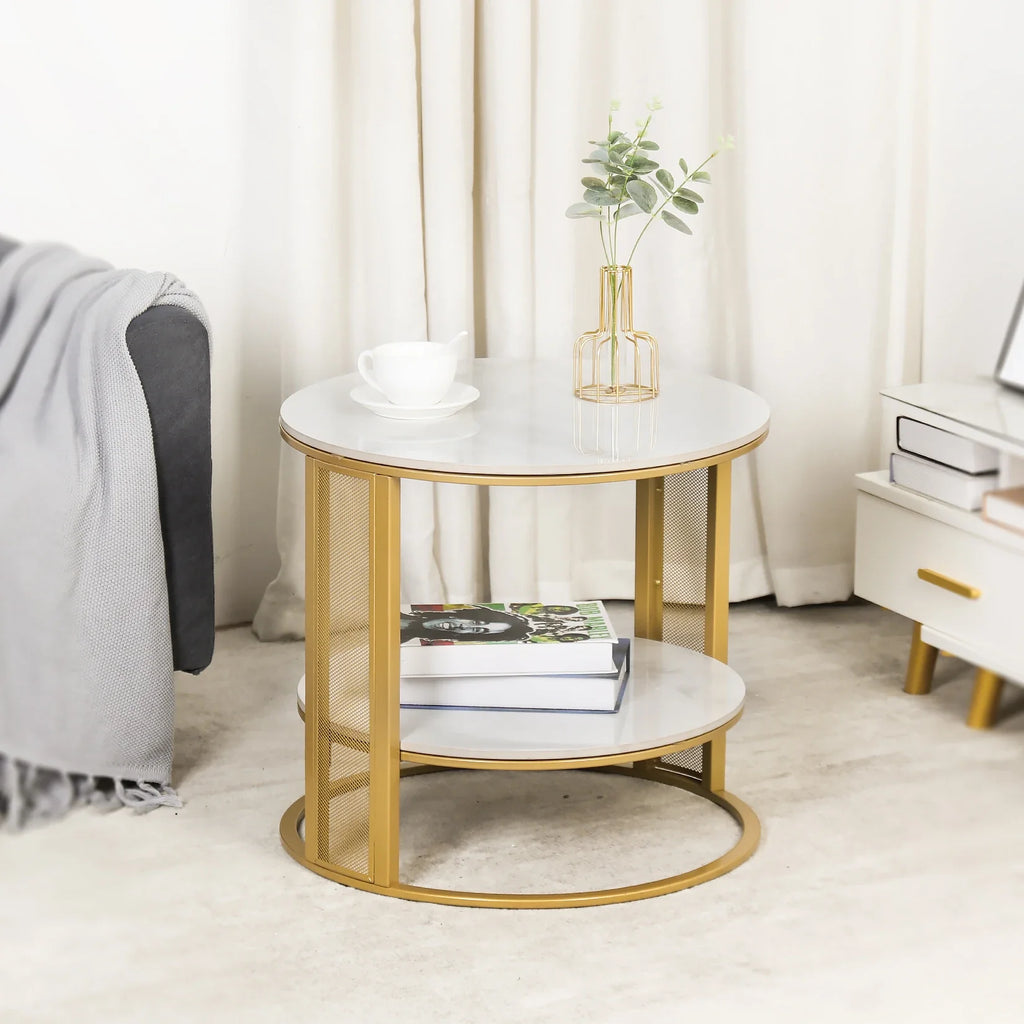 Marble Effect Coffee Table, Large Sofa Side End Table, Golden Metal Frame, 2 Tier, Home Living Room Furniture