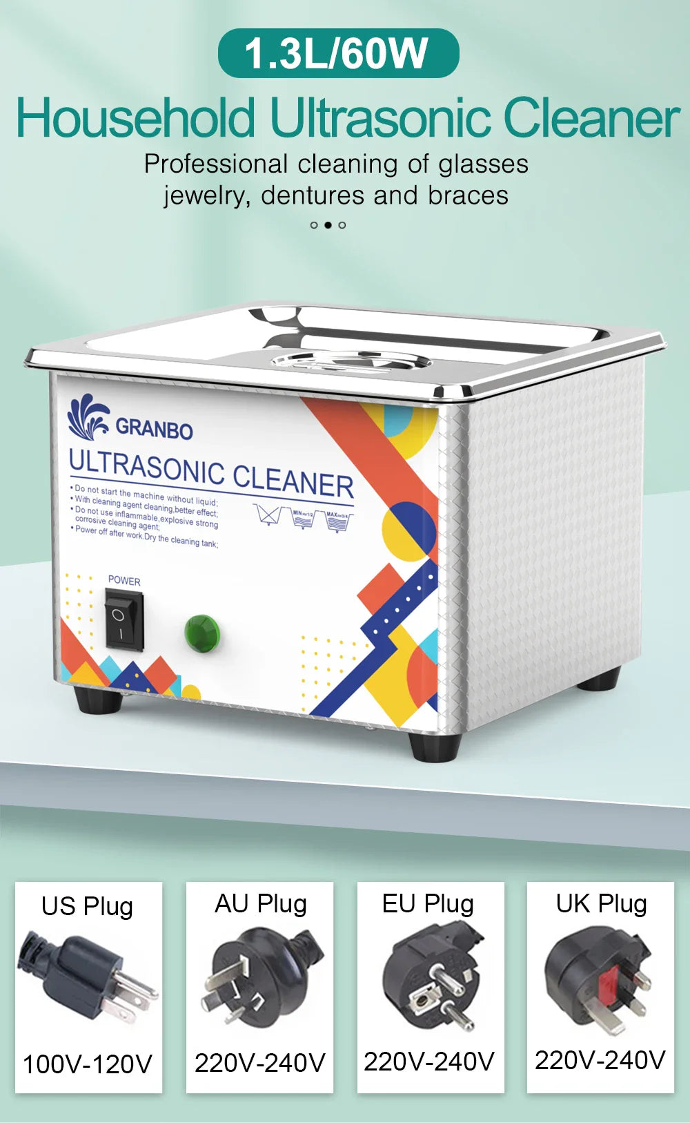 Granbosonic Ultrasonic Cleaner 800ML 1L 40KHz 35W 60W Easy Operation Jewelry Glasses Makeup Washer Bath New Design