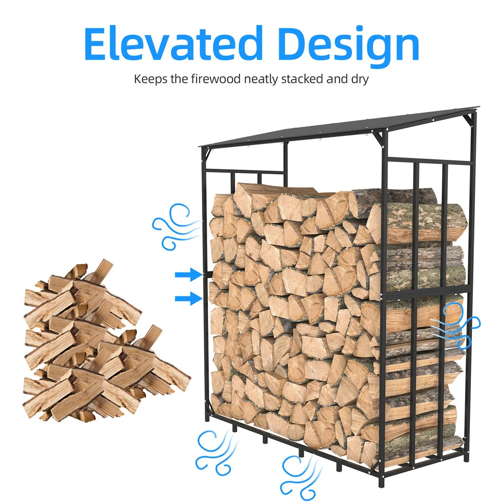70" Outdoor Metal Log Store Stack Holder Wood Firewood Rack Garden Storage Shed with Waterproof Roof