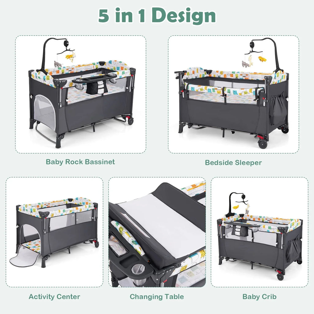 DORTALA 5-in-1 Baby Bassinet Bedside Sleeper Portable Pack and Play-Grey