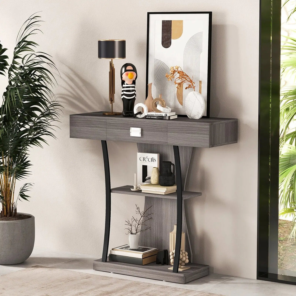 GOFLAME T-Shaped Industrial Console Table Narrow Sofa Side Table Entryway Display Shlves