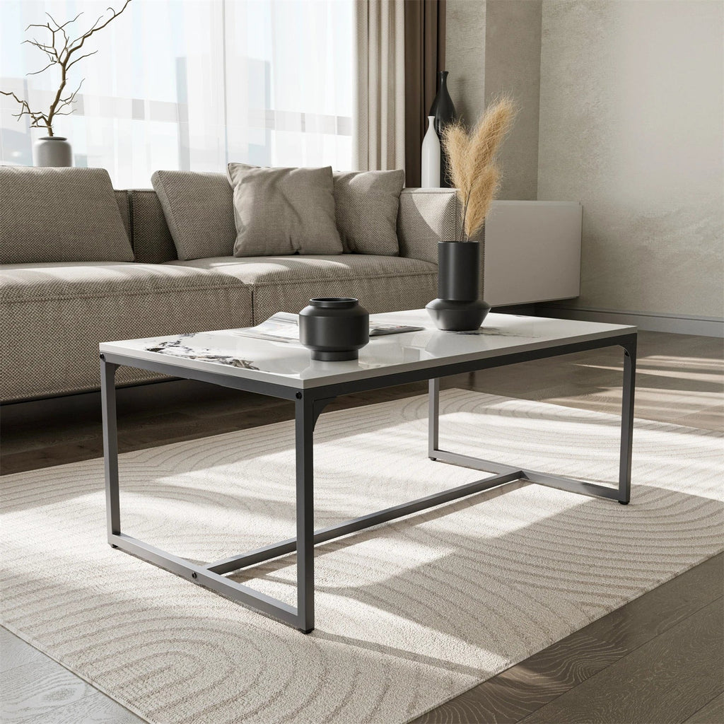 Ink Painting Texture Rectangular Coffee Table Modern Chic Sofa Side Sintered Stone-top Center Table Aluminum Frame