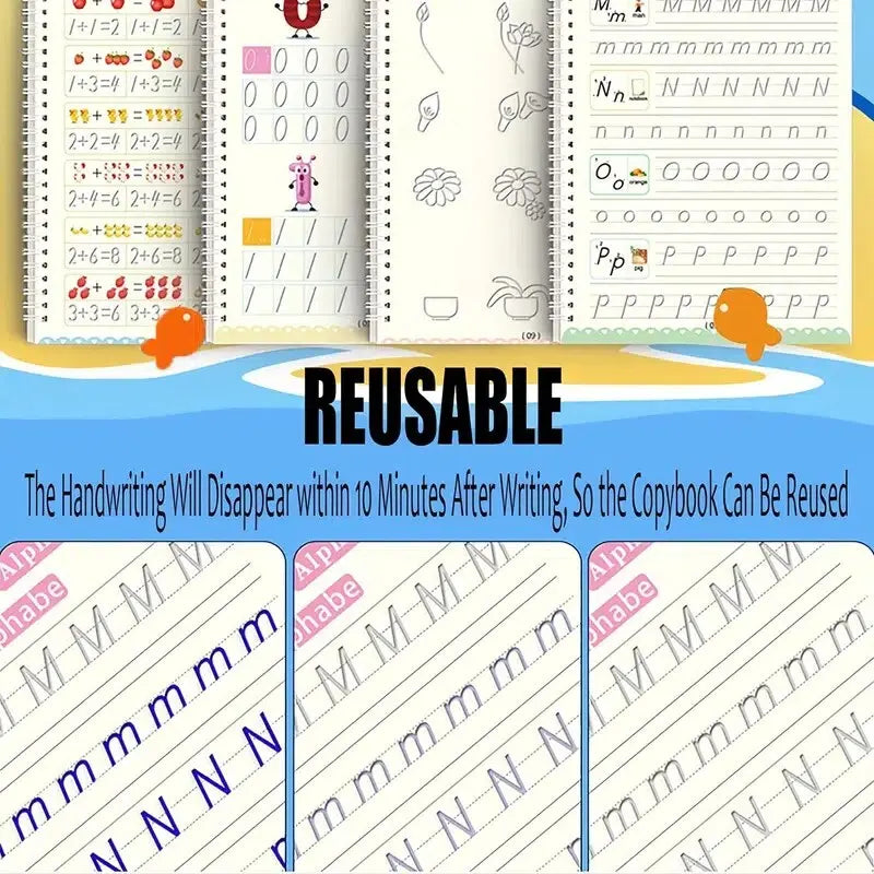 Reusable English Writing Practice Book for Kids Wipe Clean Magic Copybook with Stickers Parental Guidance Interactive Learning