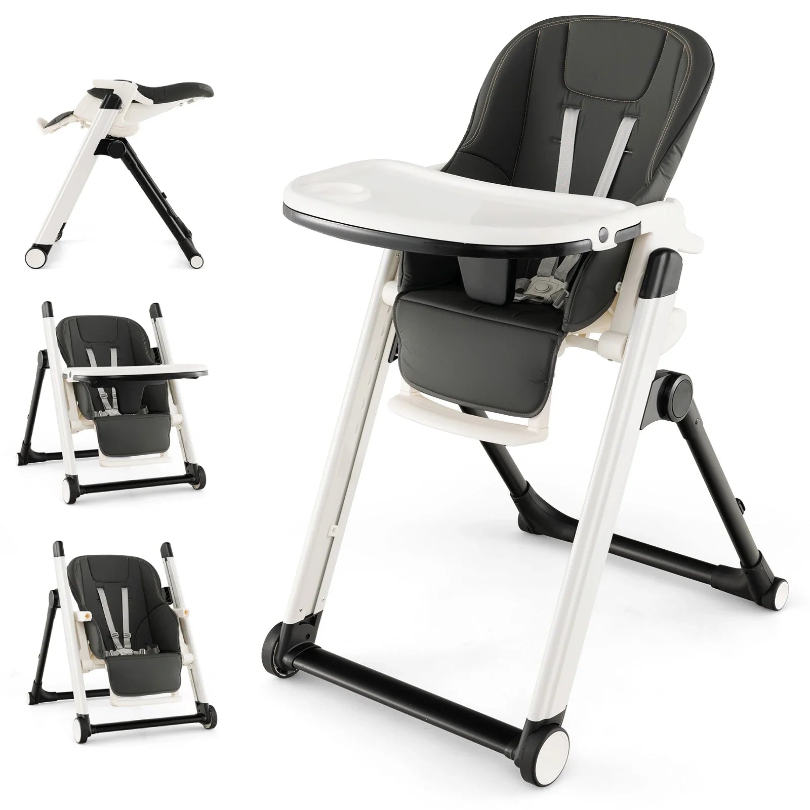 GOFLAME Foldable Baby High Chair Feeding Chair With Recline Backrest Detachable Trays