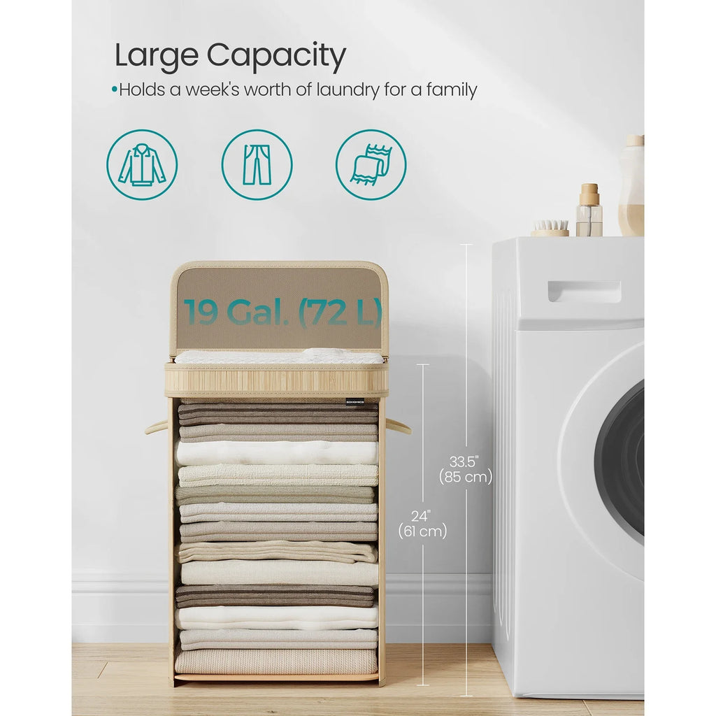SONGMICS Laundry Hamper with Lid, Bamboo Laundry Basket, Removable Machine Washable Hamper Basket, with Handles, 72 L