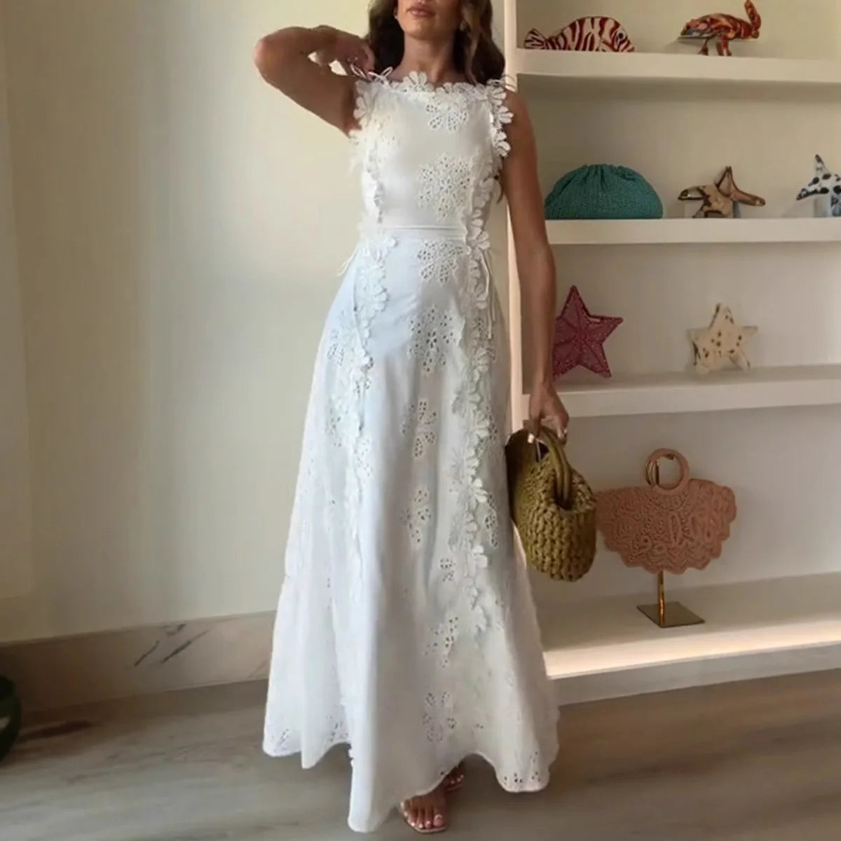 2025 Summer New Fashion Lace Embroidery Women Strap Resort Slimming Long Dress Simple Solid Color Female Banquet Dresses