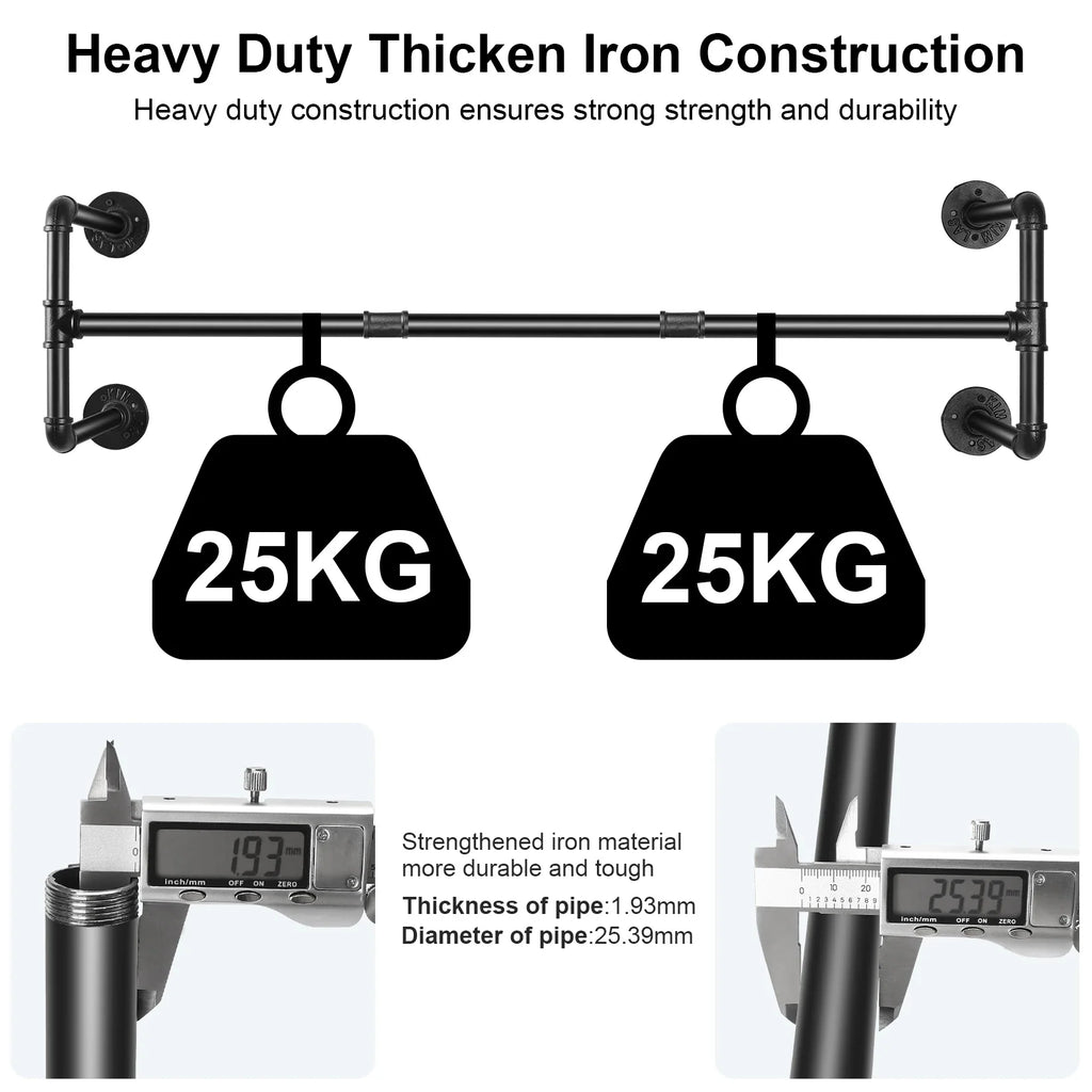 Industrial Pipe Clothing Rack, Heavy Duty, Wall Mounted, Garment Bar, Open Wardrobe Storage, Adjustable, 90 cm, 135 cm, 108cm