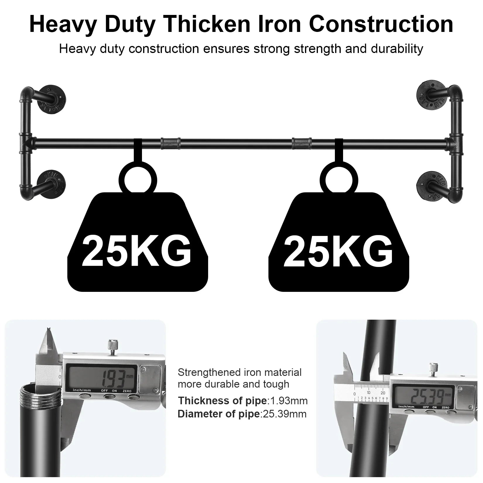 Industrial Pipe Clothing Rack, Heavy Duty, Wall Mounted, Garment Bar, Open Wardrobe Storage, Adjustable, 90 cm, 135 cm, 108cm