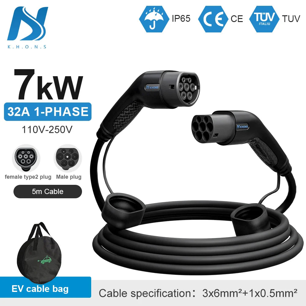 Khons Type2 To Type2 Ev Charging Cable  3Phase 32A Female To Male Plug 5M Cable 22kw IEC62196-2  EVES Charging Stations