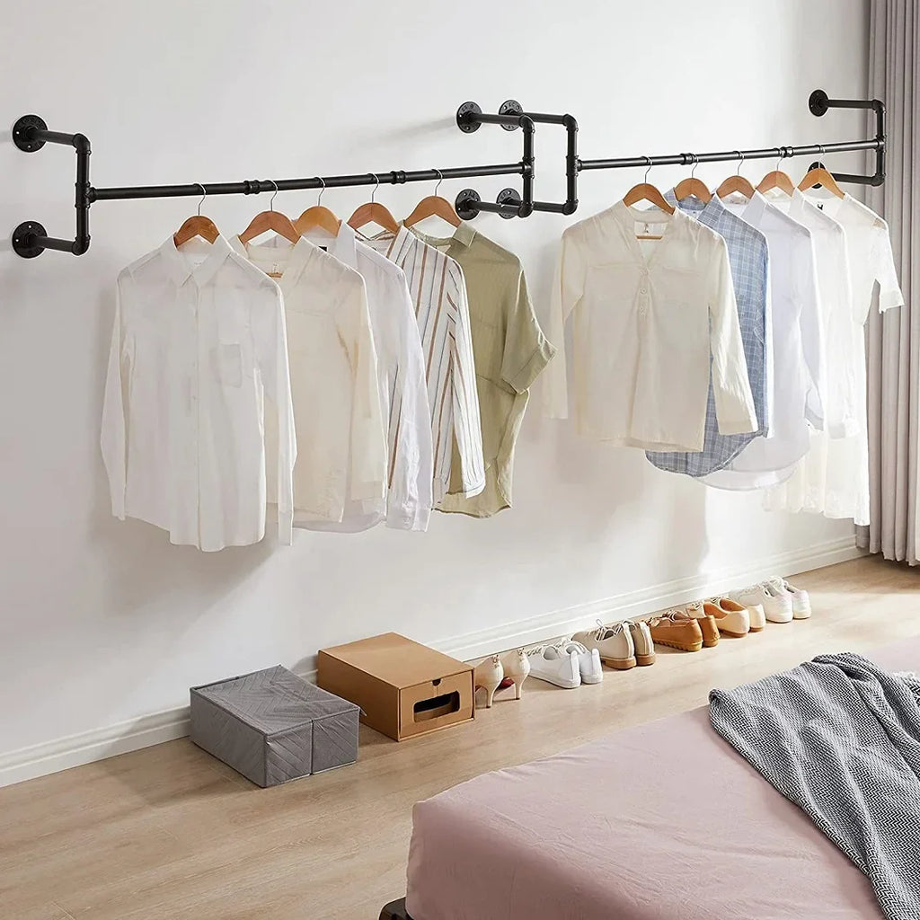 Industrial Pipe Clothing Rack, Heavy Duty, Wall Mounted, Garment Bar, Open Wardrobe Storage, Adjustable, 90 cm, 135 cm, 108cm