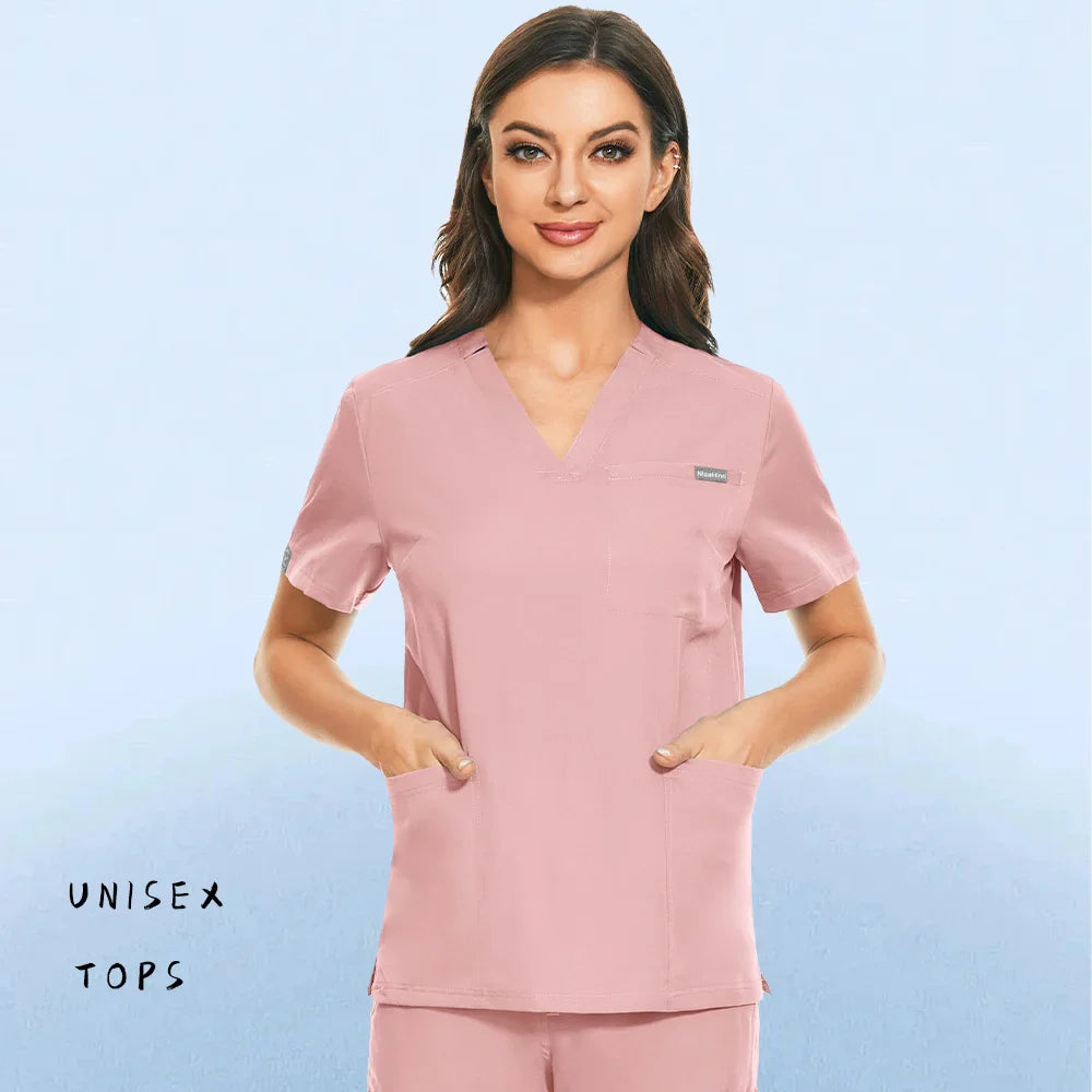 Hospital Nursing Uniform Surgery Scrubs Tops Women Short Sleeved Shirts Dental Clinic Workwear Nurse Blouse Doctor Clothes Black