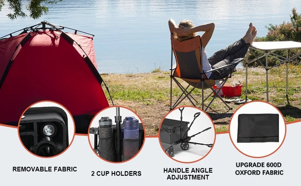 Beach Trolley on Wheels, Foldable Camping Trolley Cart Folding Collapsible Festival Trolley for Camping Garden Picnic Outdoor