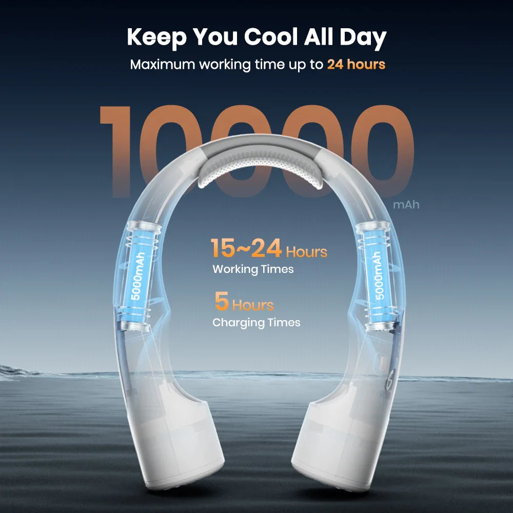 Warmco 10000mAh Portable Neck Fan 4-Speed Rechargeable Personal Fan 360° Cooling, 24H Runtime Wearable Fan for Office/Gym/Travel
