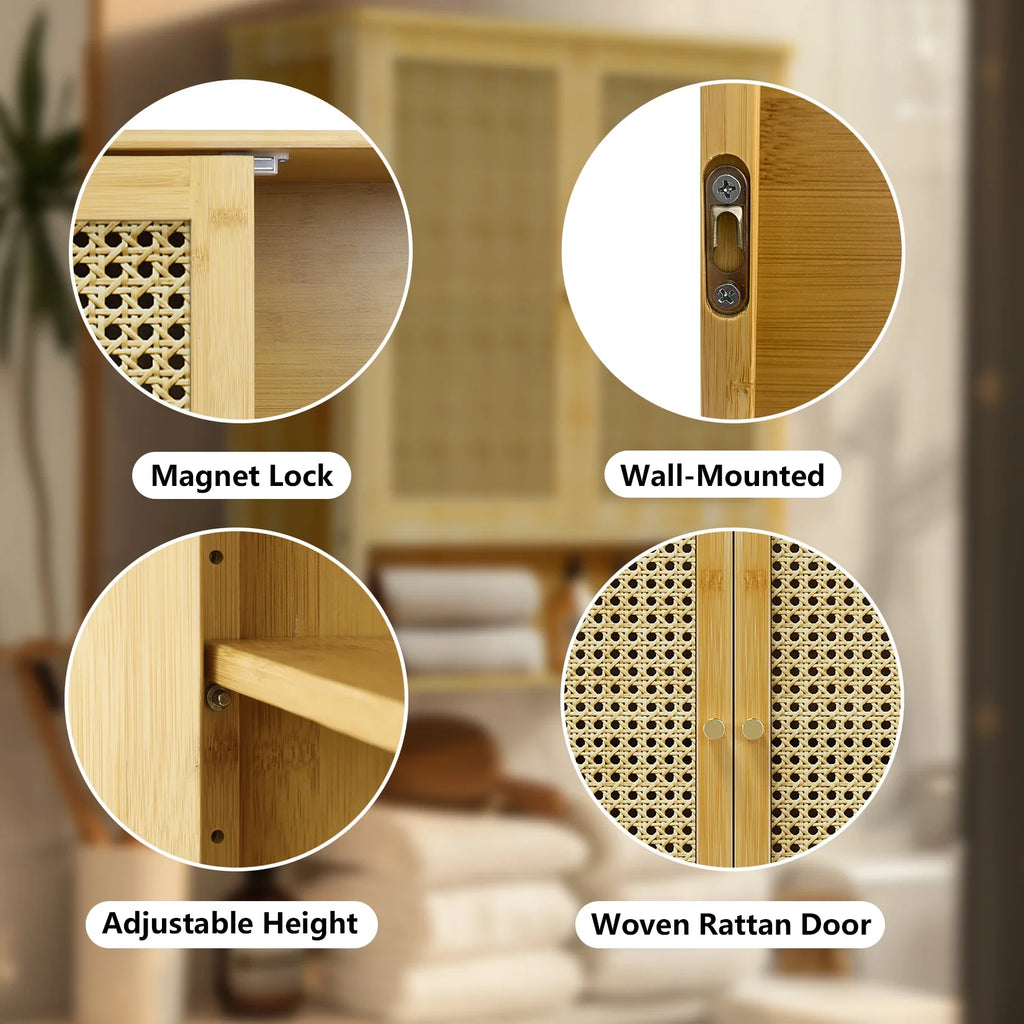 Bathroom Cabinet Wall Mounted Bamboo Storage Organizer Medicine Cabinet Unit Kitchen Shelf