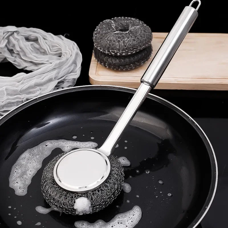 Stainless Steel Wire Brush with Long Handles Kitchen Replacement Steel Wool Wire Ball Dishwashing Brush Sink Countertop Cleaning