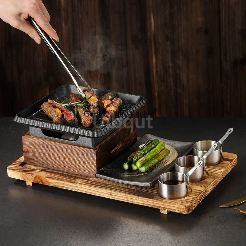 Dining room single and double tableware Cast iron barbecue plate Square alcohol oven baking tray Korean style barbecue stove set