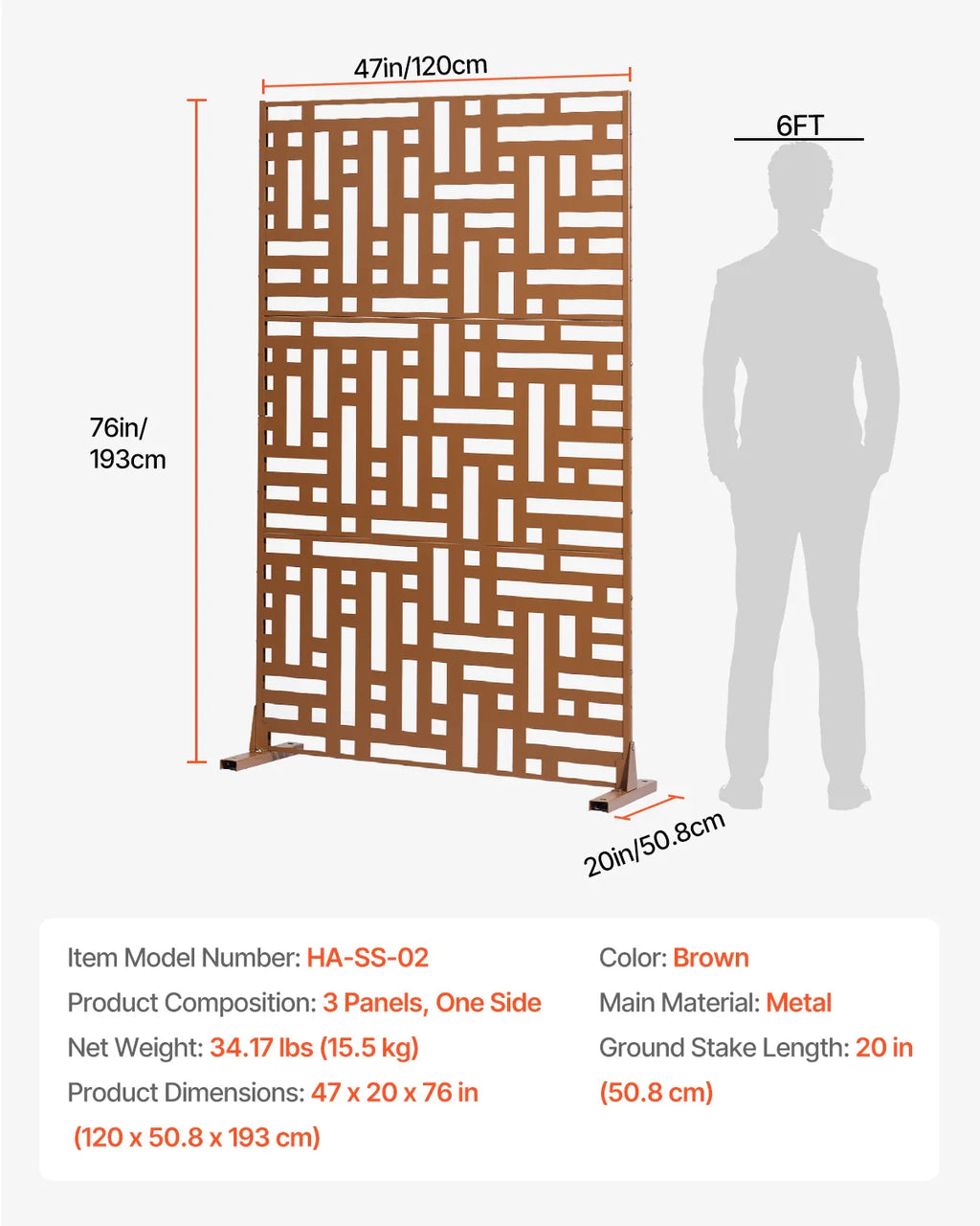 VEVOR Metal Privacy Screen Freestanding Outdoor Divider with Stand 3-Panel Decorative Garden Steel Privacy Fence for Balcony