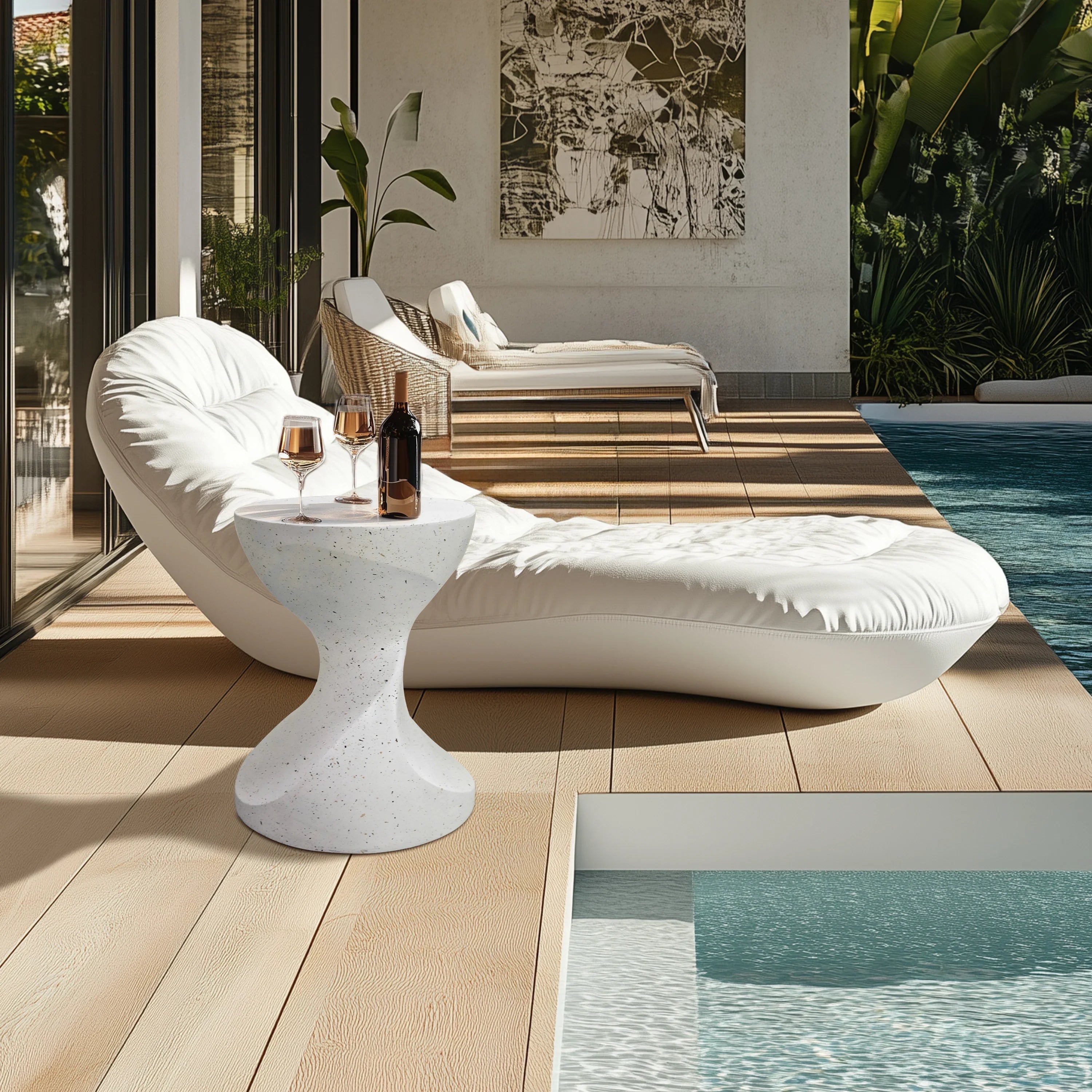 Hourglass Shaped Lightweight Concrete Side Table White Bedside Accent End Table for Living Room, Balcony