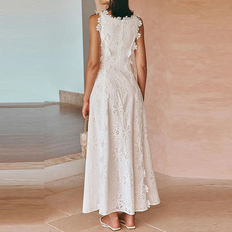 New Solid Color Lace Embroidery Evening Dress Trendy Sleeveless Women White Dress Elegant Hollow Out Floral Bandage Party Dress
