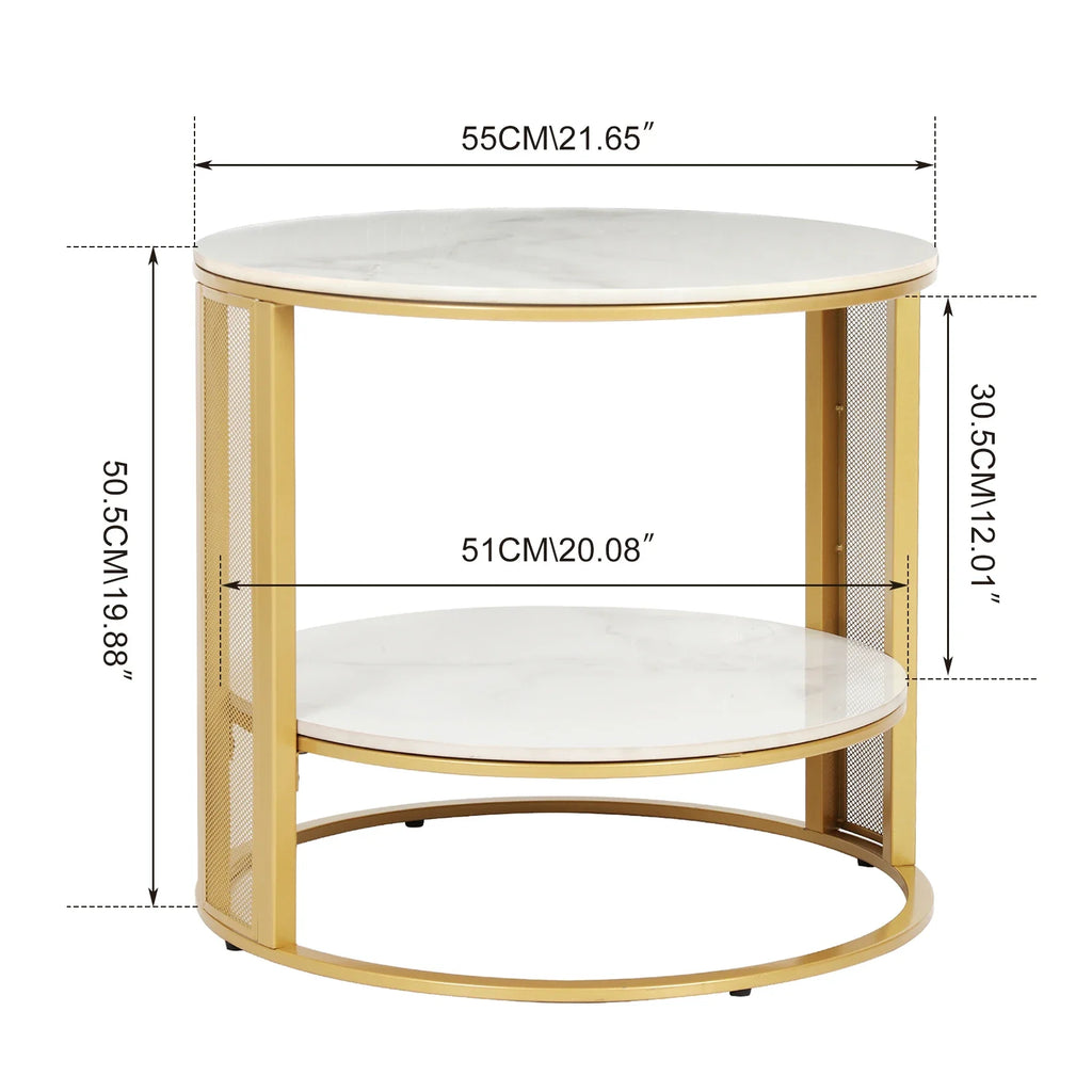 Marble Effect Coffee Table, Large Sofa Side End Table, Golden Metal Frame, 2 Tier, Home Living Room Furniture
