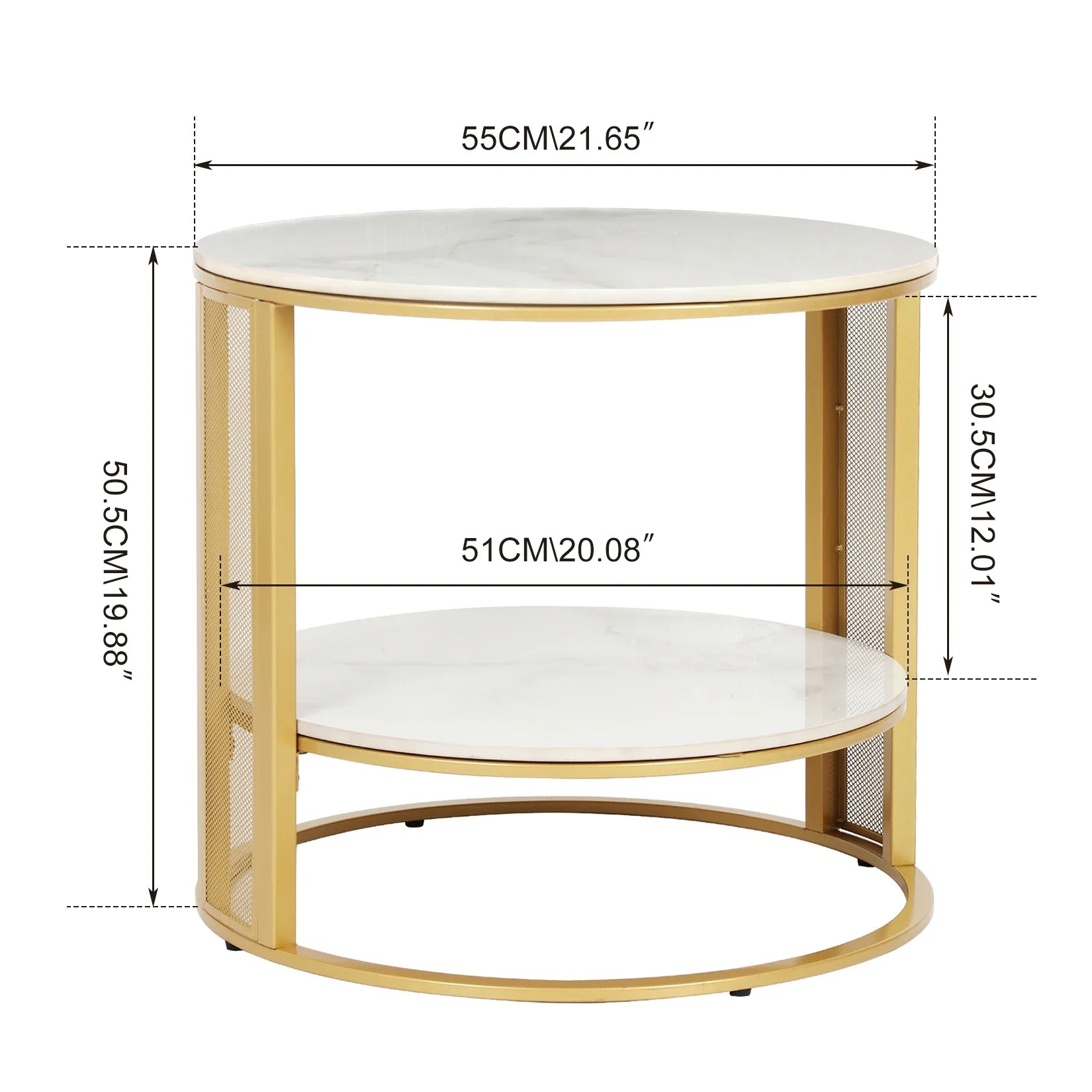 Marble Effect Coffee Table, Large Sofa Side End Table, Golden Metal Frame, 2 Tier, Home Living Room Furniture
