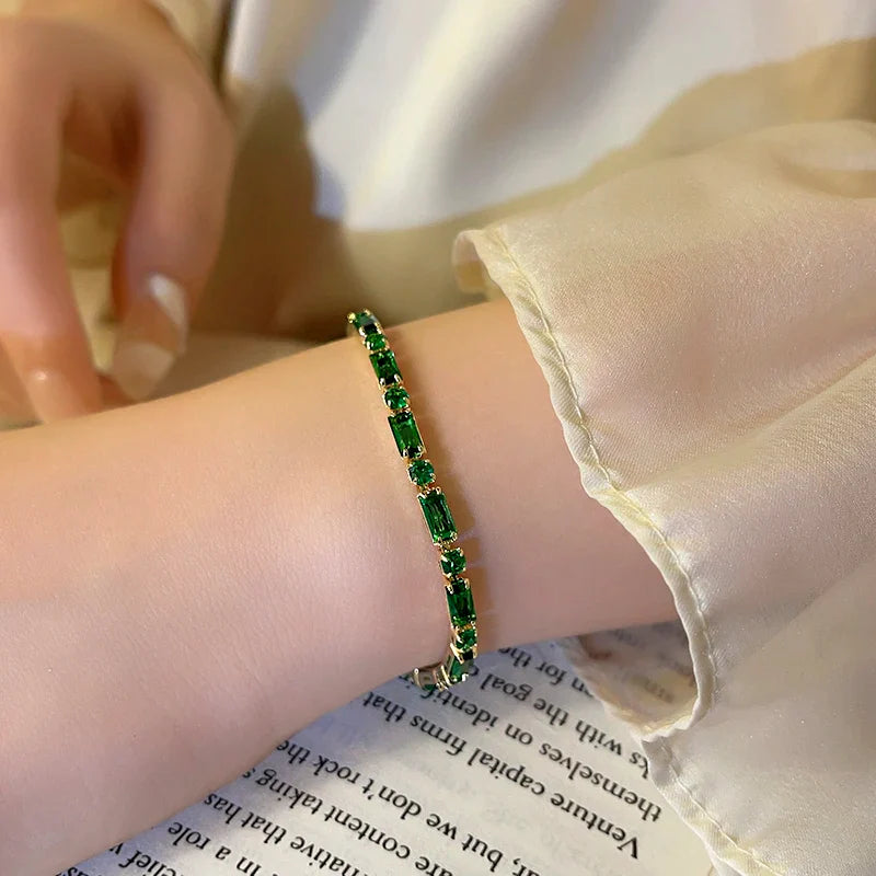 French Luxury Green Zircon Spliced Metal Copper Alloy Bracelet 2024 New Fashion Jewelry For Womens Party Charm Wrist Accessories
