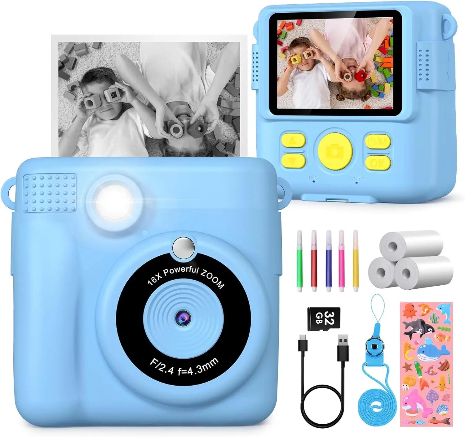 Kids Digital Camera 2.4" 1080P HD Video Camera Portable Instant Print Camera with 32GB Card, Birthday Gift for Boys Girls 3-12