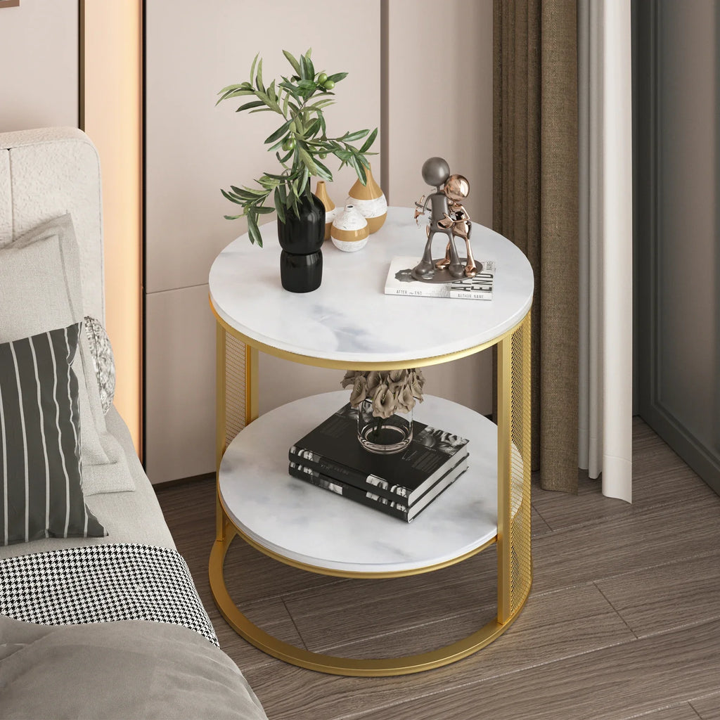 Marble Effect Coffee Table, Large Sofa Side End Table, Golden Metal Frame, 2 Tier, Home Living Room Furniture