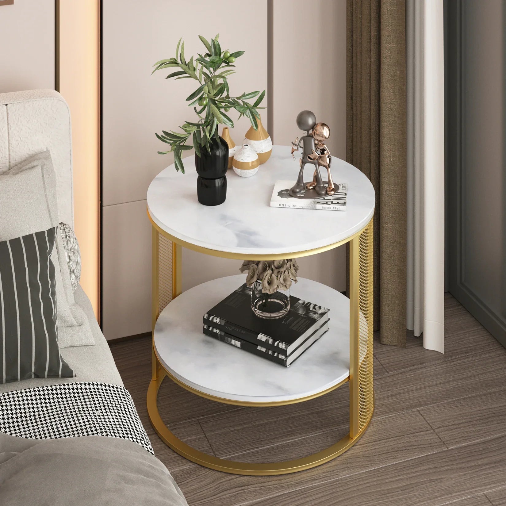 Marble Effect Coffee Table, Large Sofa Side End Table, Golden Metal Frame, 2 Tier, Home Living Room Furniture