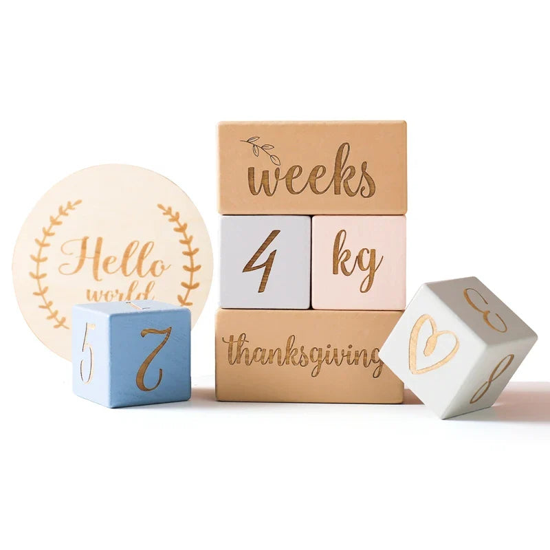 Baby Wooden Milestone Blocks 0-12 Months Newborn Birth Grow up High Quality Commemorate Props Infant Photography Accessoriees