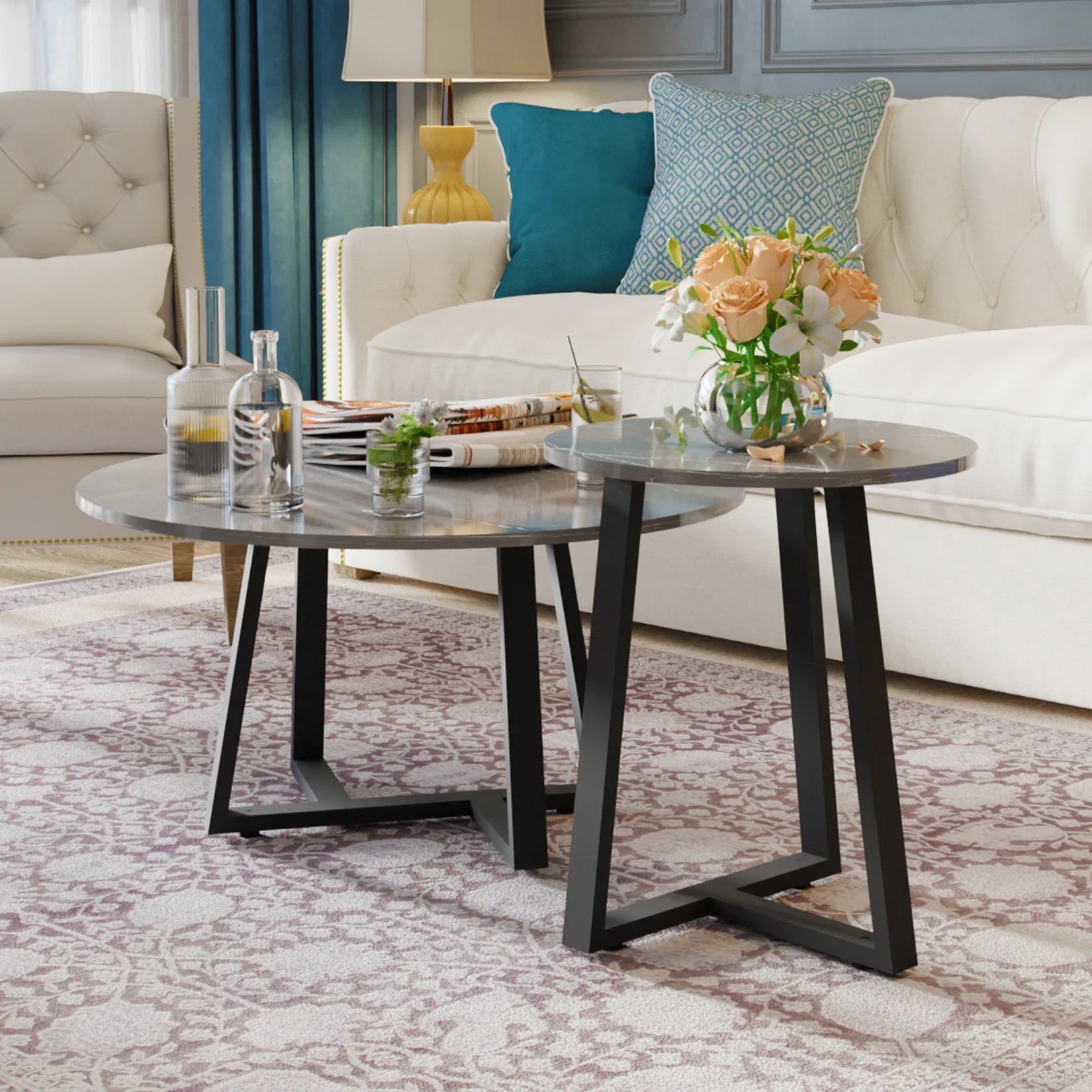 Modern Nesting Coffee Table, Round Accent Cafe Table, Side End Table, Grey Sintered Stone, Metal Frame, Set of 2