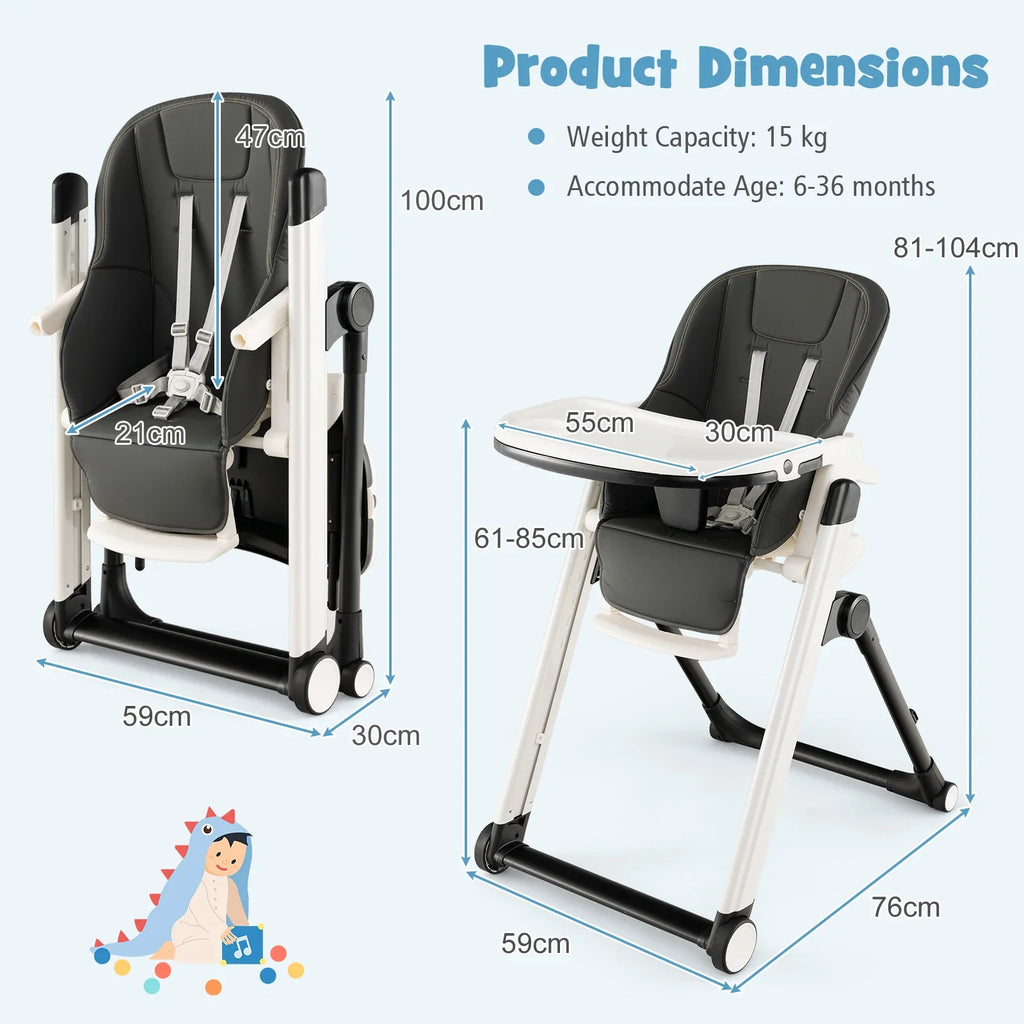 GOFLAME Foldable Baby High Chair Feeding Chair With Recline Backrest Detachable Trays