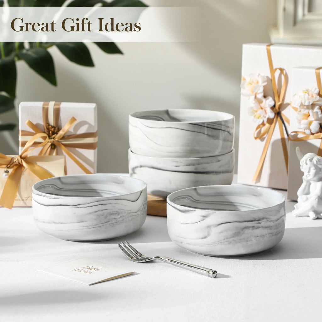 MALACASA 4 Piece Bowl 26oz Ceramic Dinnerware set White Porcelain Plates Grey Marble Tableware Set Cereal Bowls Salad Soup Bowls