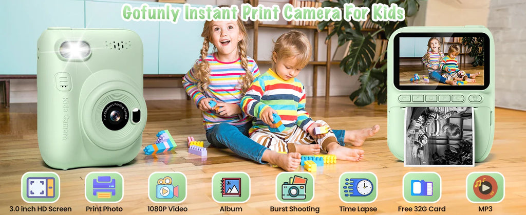 Gofunly Kids Instant Print Camera 3.0" Mini Digital Camera 1080P Portable Video Recorder Gift For 6-12 Years Children