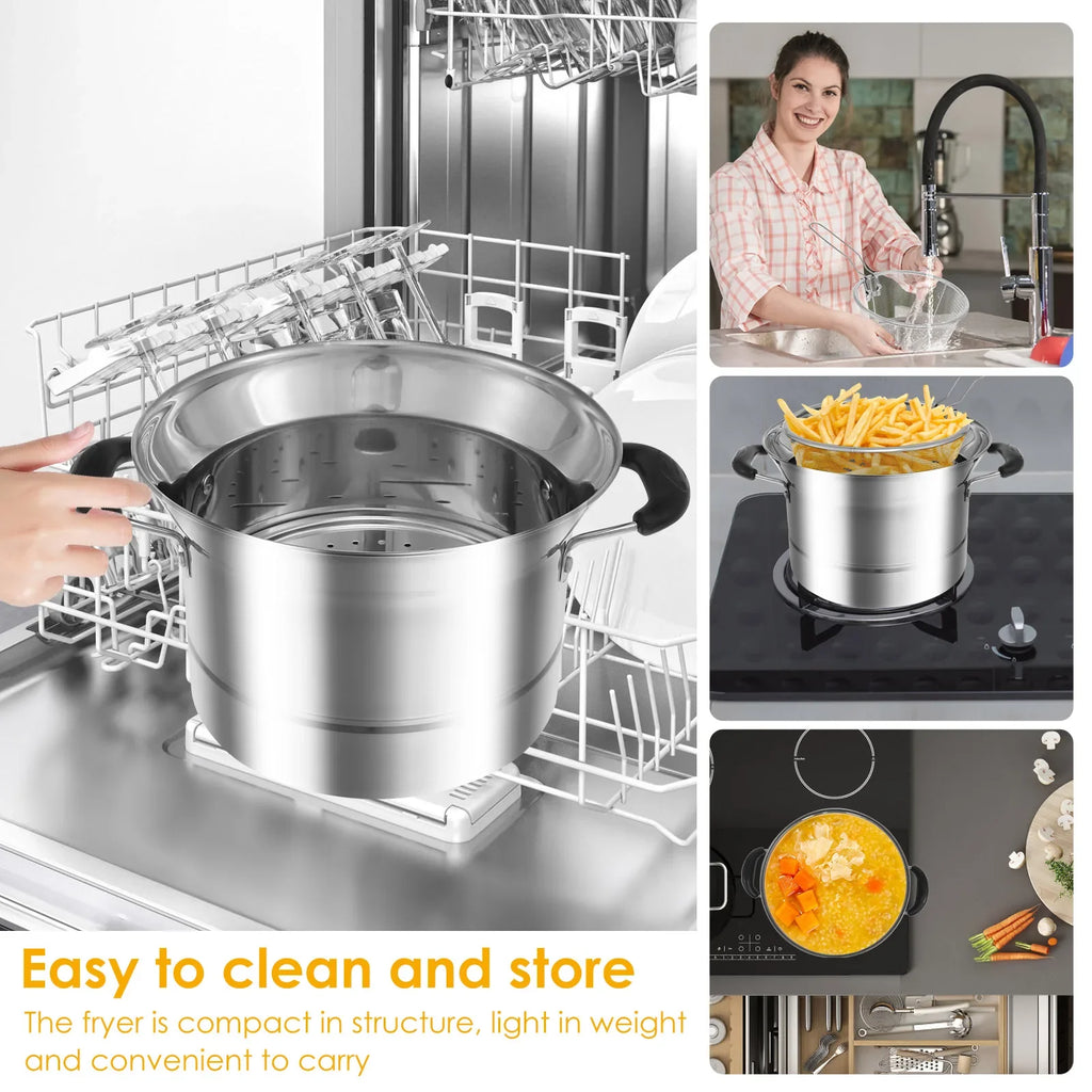 Deep Fryer Pot with Strainer Basket Stainless Steel Fryer Pot Multifunctional Deep Frying Pot for Cooking Chicken Wings Seafood