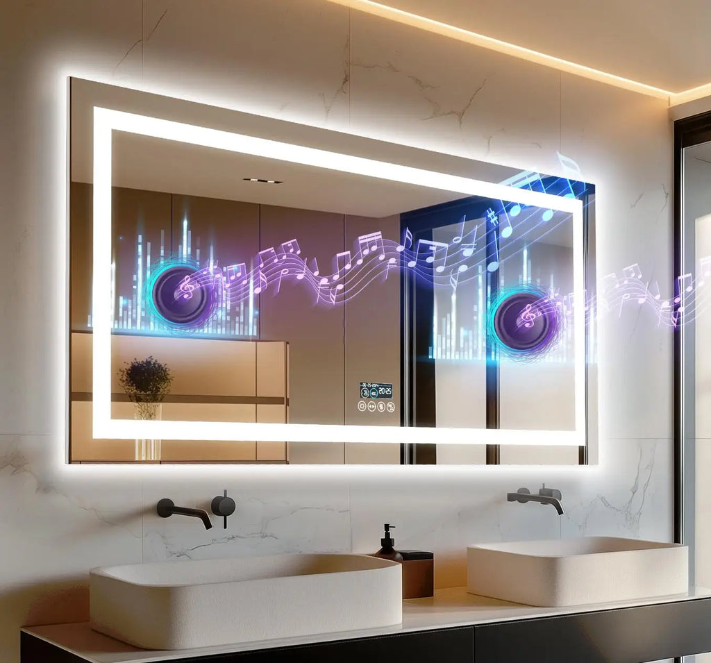 Extra Long Rectangle LED Bathroom Mirror with Bluetooth Speaker Front-lit and Backlight Vanity Mirror Smart Anti-fog