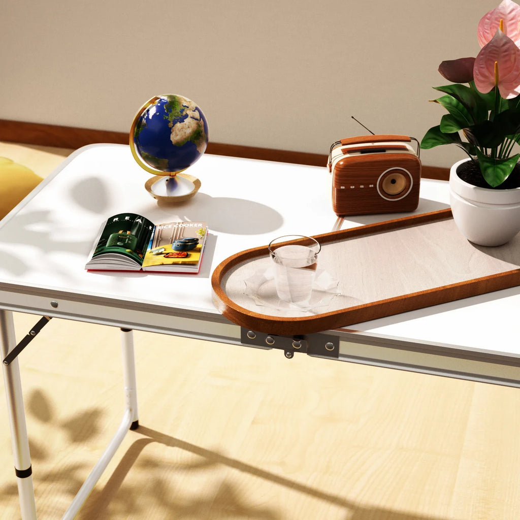 Features:  - Folding table with carry handle  - Moulded plastic top - includes handy carrying handle  - Sturdy aluminum alloy fr