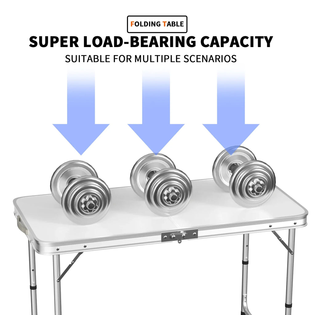 Features:  - Folding table with carry handle  - Moulded plastic top - includes handy carrying handle  - Sturdy aluminum alloy fr