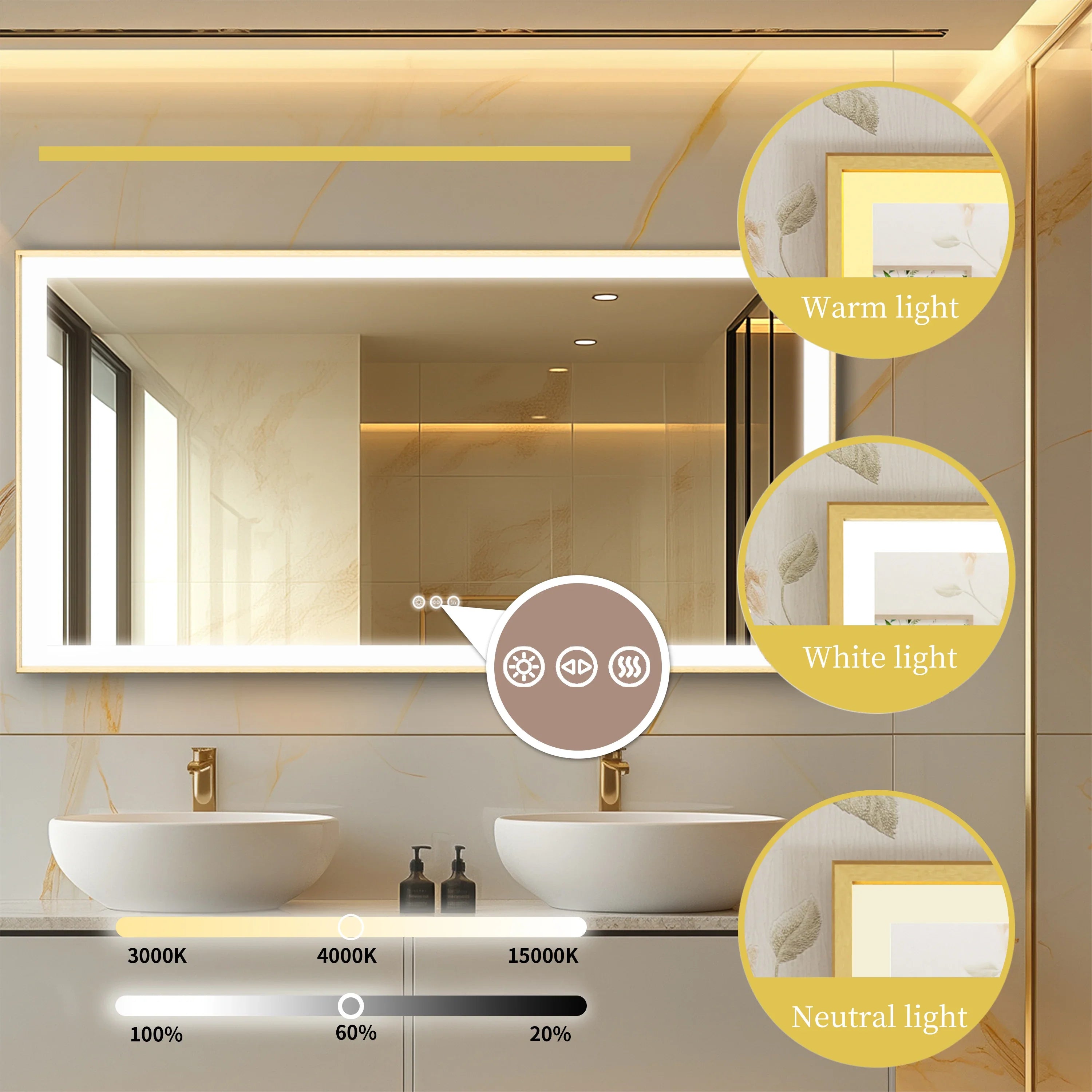 Gold Lighted Bathroom Mirror Rectangular Large LED Lighted Bathroom Mirror Gold Aluminum Frame with Front-lit Adjustable