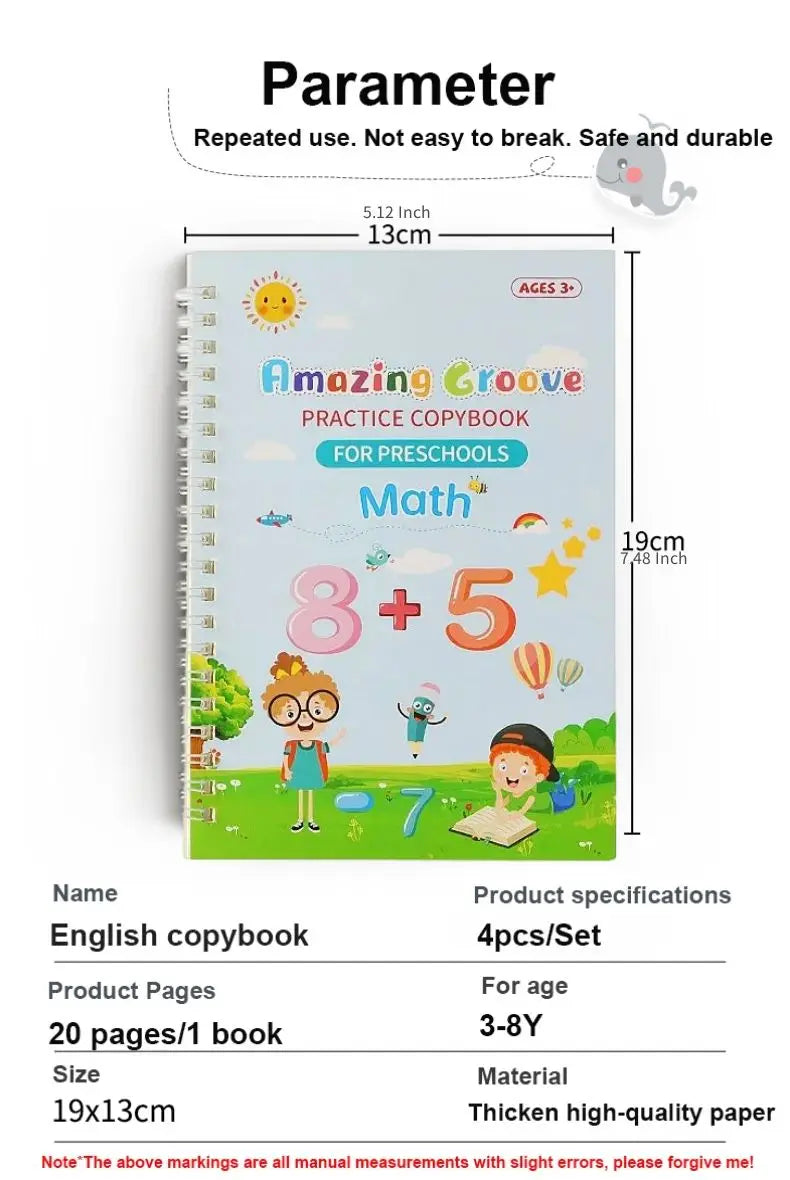 Reusable English Writing Practice Book for Kids Wipe Clean Magic Copybook with Stickers Parental Guidance Interactive Learning