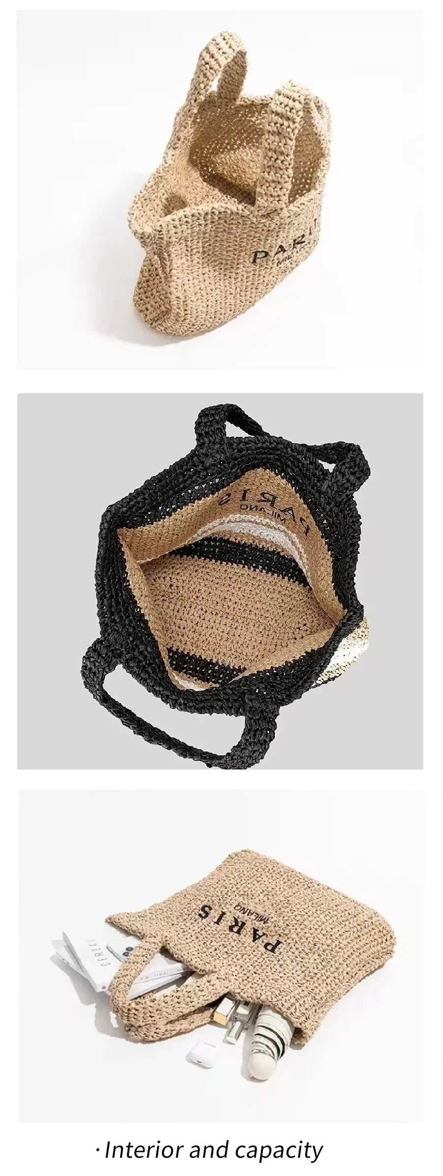 Women's Fashion Large Capacity Handmade Straw Knitting Tote Bag Summer Travel Beach Shoulder Bags Casual Simple Portable Handbag