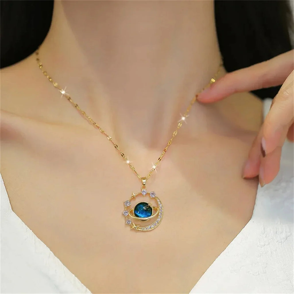 Exquisite Starry Sky Planet Light Luxurious Temperament Gorgeous Necklace Star and Moon Versatile Stainless Steel Clavicle Chain