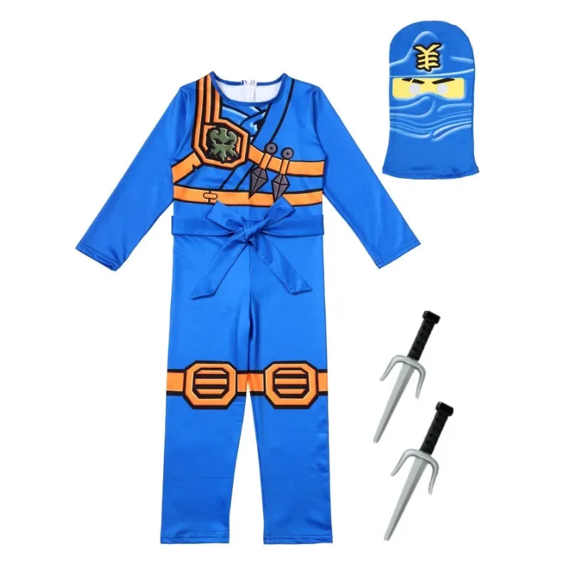 Kids Blue Ninja Mask Party Set Anime Japanese Samurai Ninja Theme Cosplay Costume with Mask Fork Prop Gift
